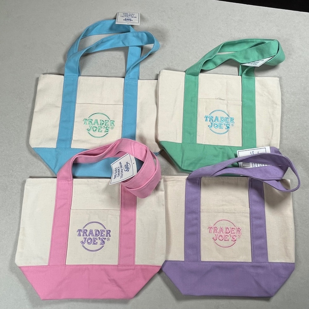 New Trader Joes Mini Pastel Canvas Tote Bags OS Multicolor Set of 4 One Day Ship - Picture 3 of 8